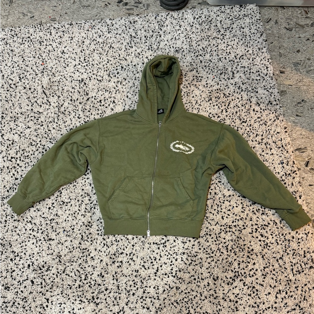 Corteiz olive green double zip hoodie